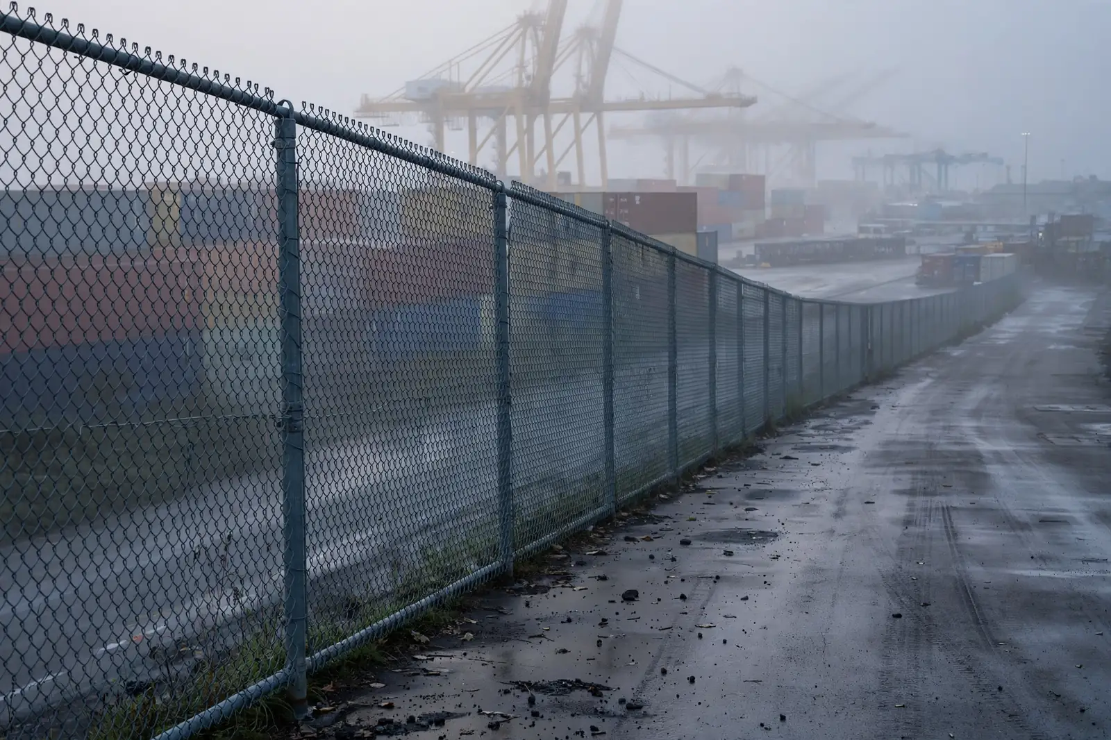 Chain-link fence running along an industrial harbor road at dawn