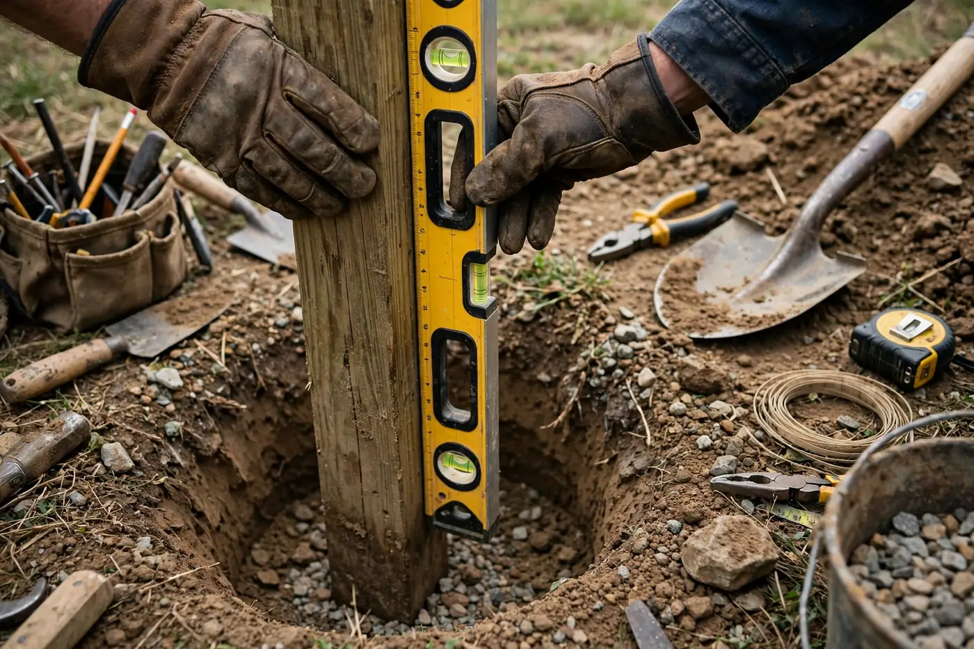 Gloved hands setting a fence post with a level