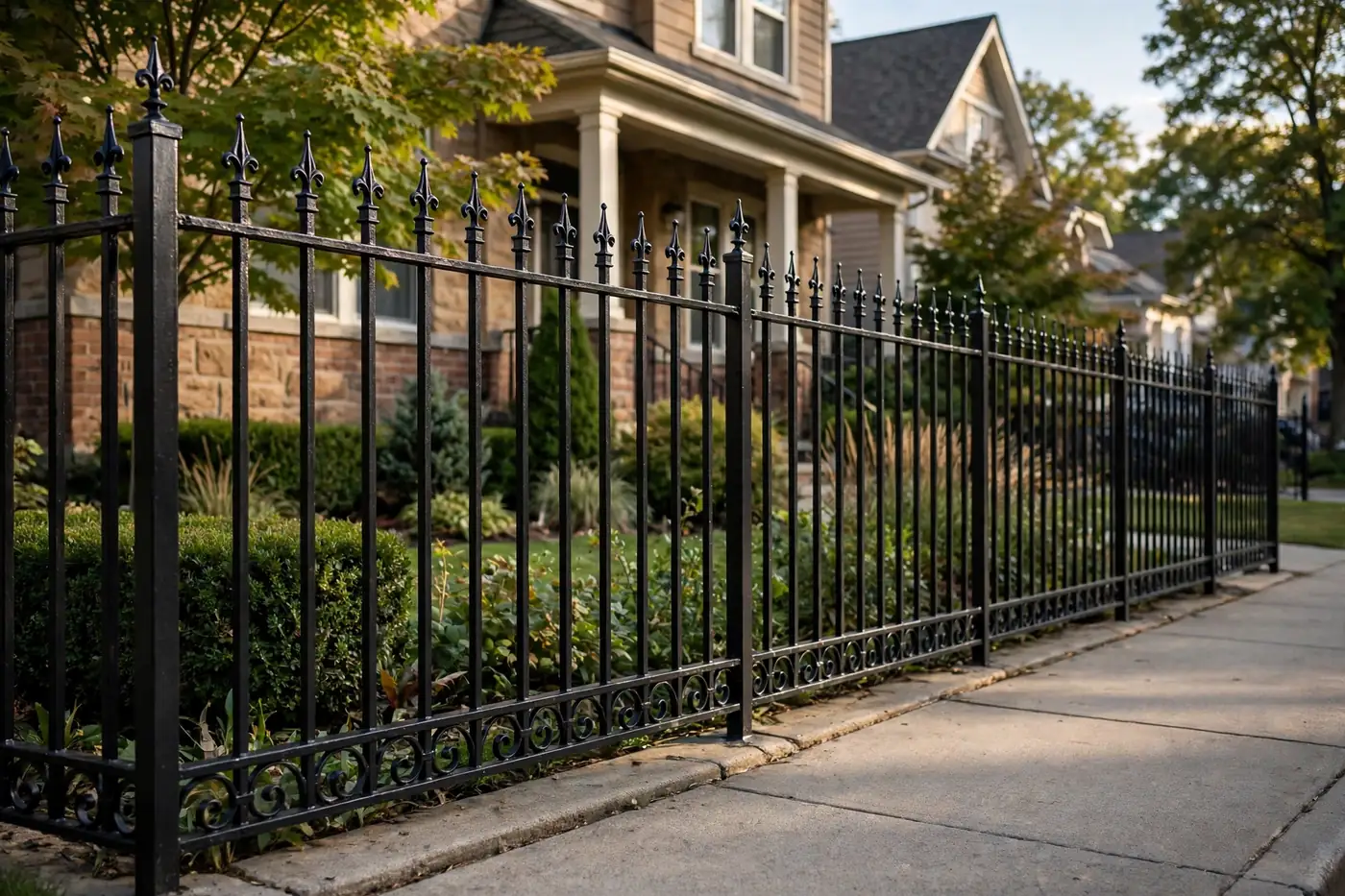 Black wrought iron fence with spear tops along a home sidewalk